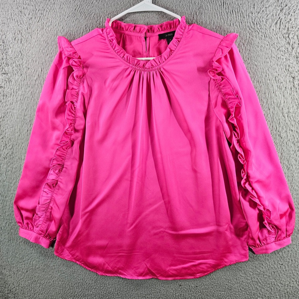 J.Crew Womens Pink Satin Ruffle Sleeve Blouse Long Sleeve Top Medium
